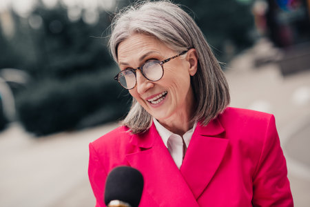 Confident and stylish mature woman in bright pink jacket smiling during outdoor urban interview on a sunny dayの写真素材