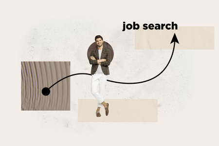 Full image sketch 3d collage poster of happy employee girl guy stand arrow vacancy hiring interface business human resources cvの写真素材
