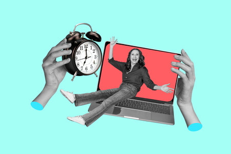 Creative full art collage of happy businesswoman businessman freelancer stand laptop device hand...