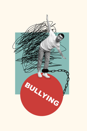 Trend artwork composite banner 3D photo collage of young man stand balance metal chain hate bullying problem harassment crime pressureの写真素材
