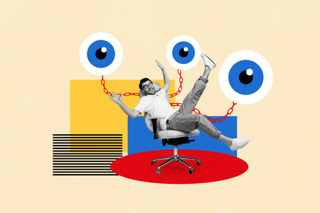 Template sketch image composite artwork collage of young man sit armchair metal chain connection eyes remote control escape look spyの写真素材