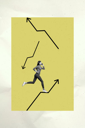 Sketch template design photo collage of target success goal business charts arrow way direction young woman run hand hold call smartphoneの写真素材