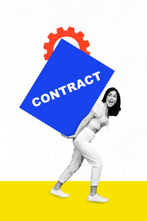 Trend artwork banner sketch 3D photo collage of young lady walk hand hold contact block gear success recruitment hiring human resourcesの写真素材