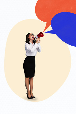 Trend artwork banner 3D photo collage of businesswoman young lady stand hand hold megaphone talk communication speech chat talk messageの写真素材