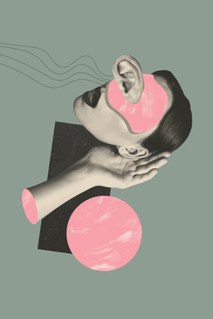3D photo collage trend sketch template artwork of ear listen gossip head lady face fragment psychology burnout sad psychotherapy illnessの写真素材