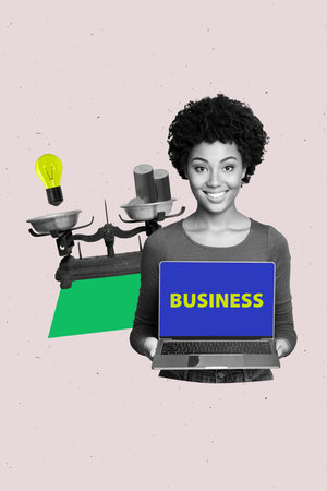 Creative artwork sketch 3D collage of young woman smile hand hold laptop business banner scales idea lamp pile coins dollars wealth budgetの写真素材
