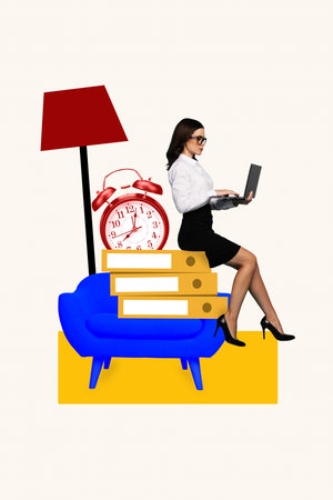 3D photo collage trend artwork sketch of workspace home manager business young lady sit armchair type laptop clock human resources remoteの写真素材