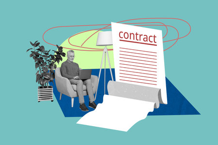 Composite image montage trend 3D collage of aged man sit armchair work laptop contract job human resources recruitment occupation lampの写真素材
