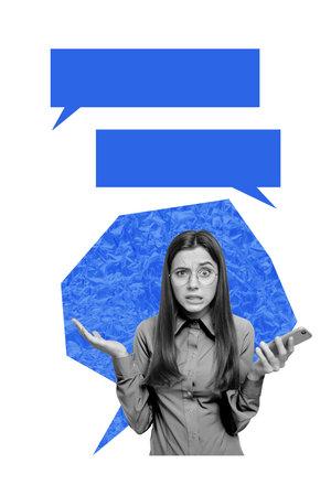 Creative design trend artwork collage of note message comment speech bubble young woman emotion face...
