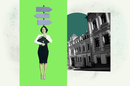 Composite trendy magazine photo collage of happy girl guy stand road sign pointer hose relocation travel new purchase settlementの写真素材