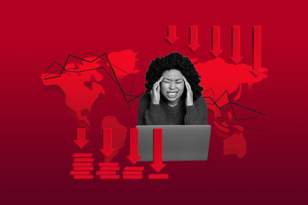 3d trendy photo collage of puzzled girl sit laptop freelancer economy arrow loss decline stats chart...