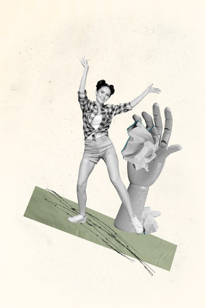 Sketch vertical photo collage of human hand control girl manipulation hostage concept crumpled paper trap control marionetteの写真素材