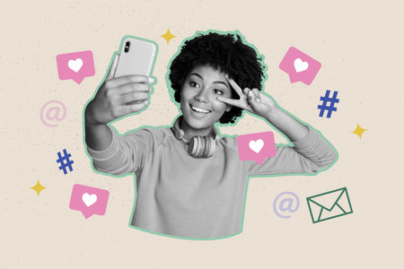 3D collage design composite trend artwork sketch of silhouette young lady selfie smartphone two finger popular blogging app internet mediaの写真素材