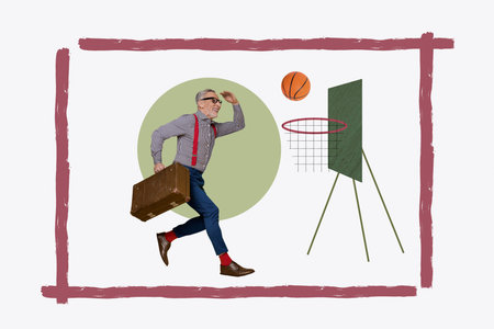 Trendy poster art pop collage of happy sportswoman sportsman throw basketball ball net competition...