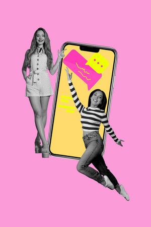 Vertical 3d poster art collage of happy girl guy stand phone send message bubble communication...