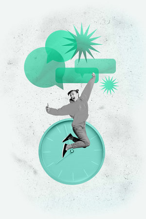 Zine sketch image vertical collage of happy girl guy stand clock time limit expire bubble communication icon chat notificationの写真素材