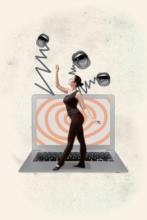 Banner sketch poster trend art collage image of happy girl guy stand laptop hypnosis influence mouth cyberbully pressure offenseの写真素材