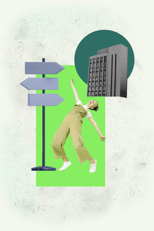 Vertical trendy magazine photo collage of happy girl guy stand road sign pointer hose relocation...