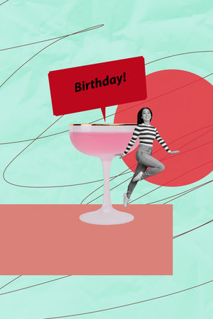 Trend template sketch photo collage of young lady jump smile giftbox present giving happy birthday message cocktail drink club chill toastの写真素材