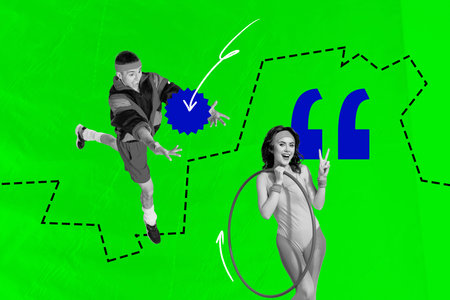 Creative full art image collage of happy gym girl show peace gesture hold hula hoop trainer...