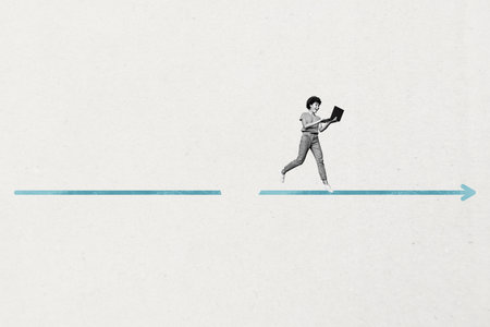 Full 3d art pop image collage of happy businesswoman businessman stand carrer ladder arrow progress statistics goal chanceの写真素材