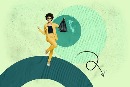 Pop 3d zine full art collage of happy businesswoman businessman stand geometric figure arrow pointer success statistics progressの写真素材