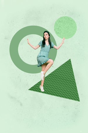 Vertical poster art photo collage of happy businesswoman businessman stand geometric figure development career progress statsの写真素材