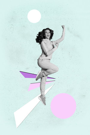 Collage of happy young woman man graphic montage black and white pattern over geometric backgroundの写真素材