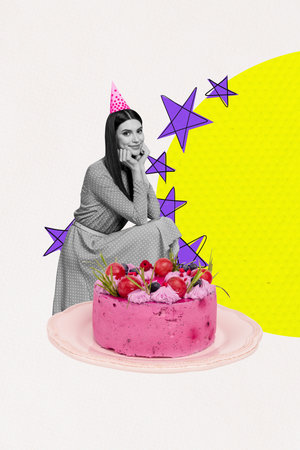 Vertical 3d zine pop trend image collage of happy girl sit cake birthday celebration occasion wear...