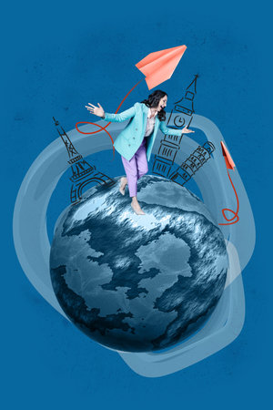 Vertical 3d pop artwork collage of happy girl guy stand earth plane paper plane flight passenger summer france tour tourismの写真素材
