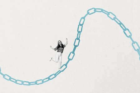 Banner 3d art pop image collage of happy businesswoman businessman stand rope chain development aim achievement progressの写真素材