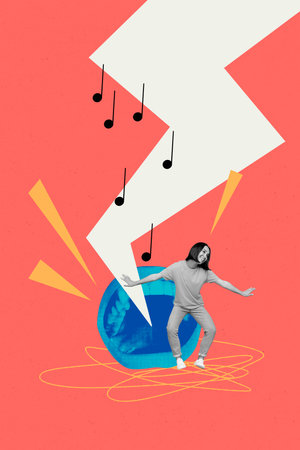 Template sketch image composite artwork collage of mouth sing song notes music entertainment clubber night rest occasion young lady danceの写真素材