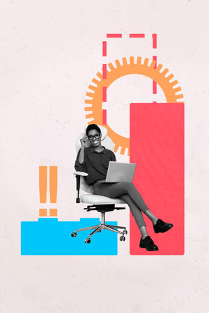 Art image vertical photo collage of happy businesswoman businessman stand chart development gearwheel hold laptop optimizationの写真素材