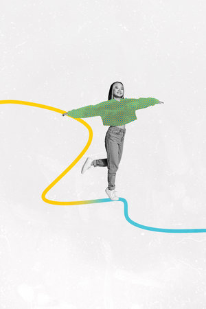 Vertical 3d art pop image collage of happy businesswoman businessman stand rope chain development aim achievement progressの写真素材