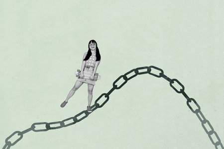 Banner 3d art pop image collage of happy businesswoman businessman stand rope chain development aim achievement progressの写真素材