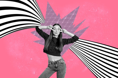 Collage of stylish person with hypnotic swirl and geometric pattern black white waves background in...