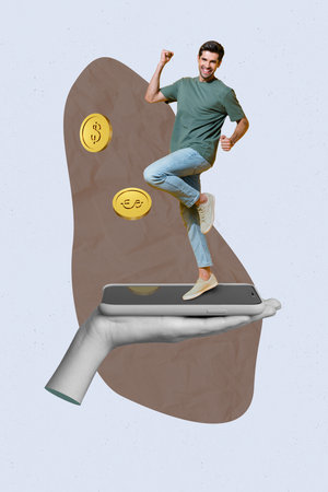 Zine pop vertical photo collage of happy businesswoman businessman stand phone device coin dollar money income capital progressの写真素材