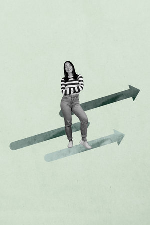 Vertical 3d art pop image collage of happy businesswoman businessman climb carrer ladder arrow progress statistics goal chanceの写真素材