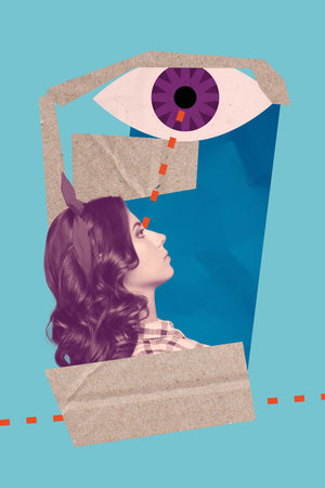 Sketch composite 3D photo collage trend artwork of vision focus portrait young woman pinup style hairdo headband contact third eyeの写真素材