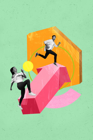 Vertical image zine photo collage of happy business partners girl guy run geometric figure success...