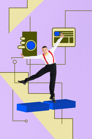 Vertical image sketch vertical collage of happy businesswoman stand interface button target algorithm aim achievement progressの写真素材