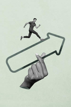 3d sketch trendy vertical art collage of happy businesswoman businessman stand arrow progress hand aim achievement chanceの写真素材