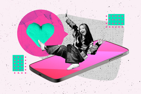 3D collage design composite trend artwork sketch of young lady sit smartphone display like banner...