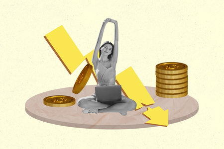 Contemporary image art collage of happy businesswoman businessman sit arrow coin crack freelancer bankruptcy dollar inflationの写真素材