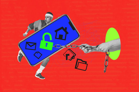 Full 3d poster art collage of hands pull chain robbery information access private data icon girl guy...