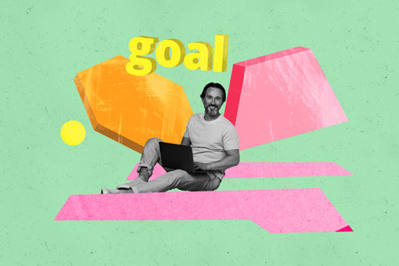 Full 3d poster art collage of happy businessman businesswoman hold laptop sit geometric figure progress goal achievementの写真素材