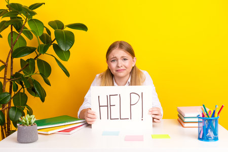 Worried girl holding help sign at school desk expressing stress in bright classroom setting with...