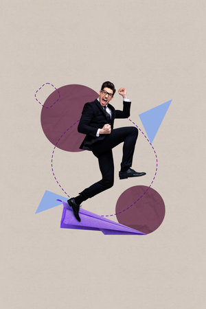 Sketch vertical photo collage of happy businessman businesswoman stand geometric figure career...