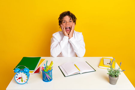 Happy schoolboy in a white shirt enjoying learning with study materials on a desk against a vibrant yellow background.の写真素材