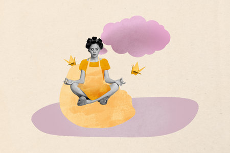 Poster trend collage of person sit meditate with origami birds cloud on yellow backgroundの写真素材